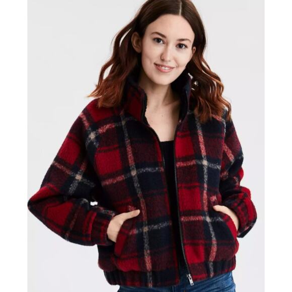 American Eagle women’s plaid cropped wool blend zip up coat in size M - Picture 1 of 7